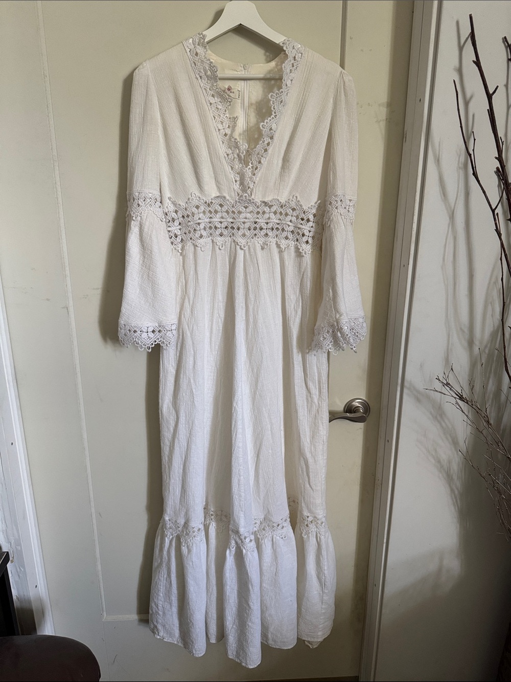 Vintage 1960s German Bohemian White Crochet-Trim Maxi Dress Euro Size 42 US L